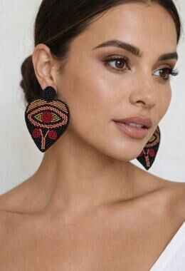 Kay Lee Heart Evil Eye Black Beaded Earrings New